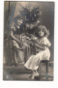 Norwegian Real Photo Postcard of Two Girls with Christmas Tree and Toys, Early 20th Century