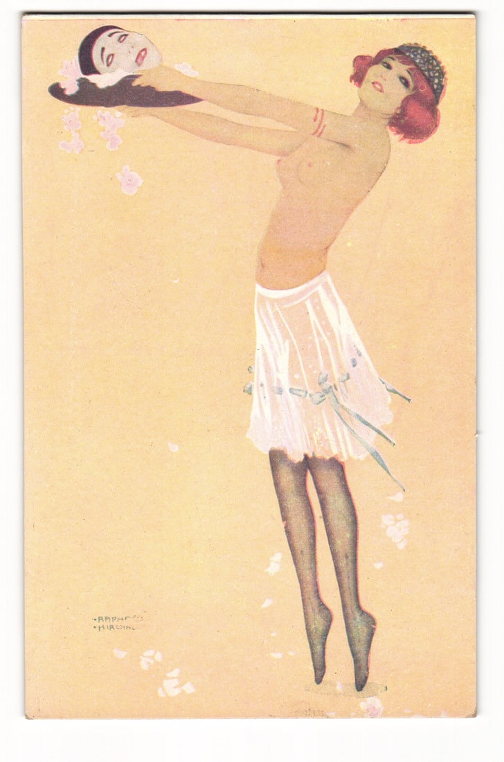 Raphaël Kirchner 'Salomé montmartroise' Art Illustration Nude Woman with Mask Paris Postcard: Lithograph illustration depicting a woman with reddish-orange hair adorned with a patterned headband. She is shown topless, wearing a sheer white skirt tied with a light blue ribbon, and black stockin