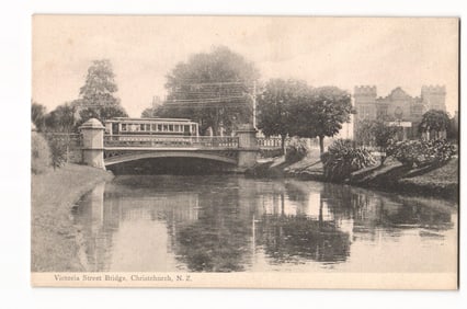Victoria Street Bridge, Christchurch, N.Z., showing tram crossing, early 20th century postcard.