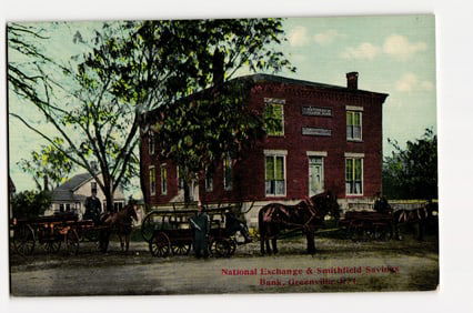 Greenville, R.I. National Exchange & Smithfield Savings Bank with Early Fire Department Wagons