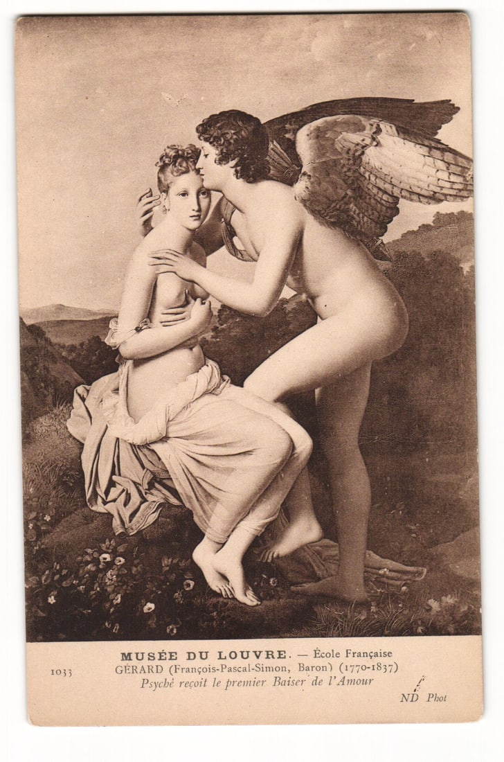 Musée du Louvre postcard: Gérard's painting 'Psyché reçoit le premier Baiser de l'Amour': A sepia-toned printed postcard reproducing a painting. The image depicts a mythological scene where a winged male figure, Amour (Cupid), stands and leans to his right to kiss a seated female figure, P