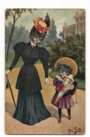 Arthur Thiele Postcard: Anthropomorphic Mother Cat & Kitten with Schultüte, Early 20th Cent.