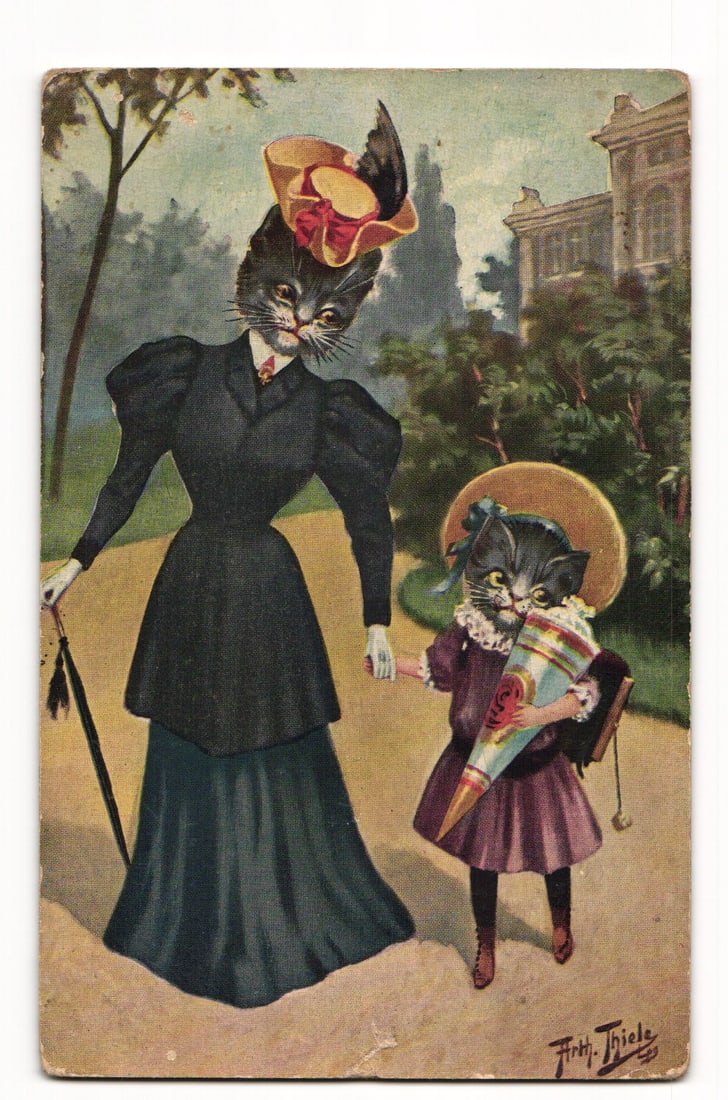 Arthur Thiele Postcard: Anthropomorphic Mother Cat & Kitten with Schultüte, Early 20th Cent.: An illustration features two anthropomorphic cats, an adult and a kitten, attired in early 20th-century fashion, walking hand-in-hand in an outdoor park-like setting. The adult cat, positioned to the