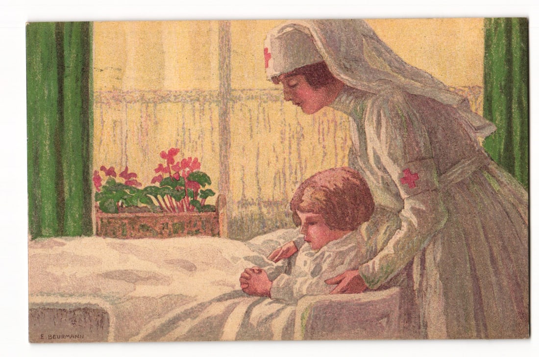 E. Beurmann Postcard: Red Cross Nurse with Child, Swiss National Holiday 1921 Caritas Issue Paris (1 of 2)