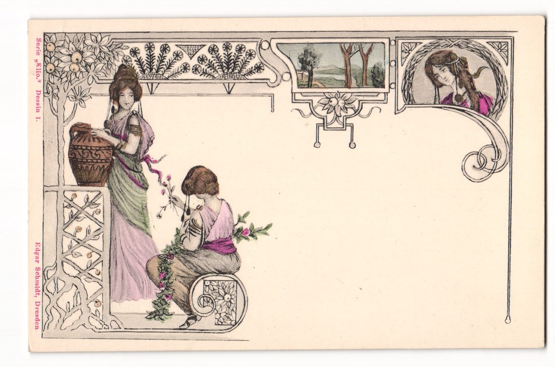 Art Nouveau Postcard: Serie „Klio.“ Dessin I., Two Women in Classical Attire, Edgar Schmidt: A color illustration in an Art Nouveau style. On the left, a standing female figure with dark, upswept hair adorned with a decorative headband and earrings wears a flowing light green and pink gown wi