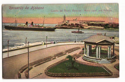 Havana, Cuba: Recuerdo de Habana postcard with view of Castillo del Morro and Malecón waterfront