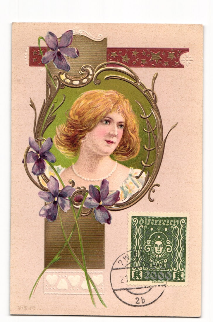 Austrian Postcard: Woman with Violets, Embossed Frame, Vienna Postmark on Faux Heller Stamp. (1 of 2)