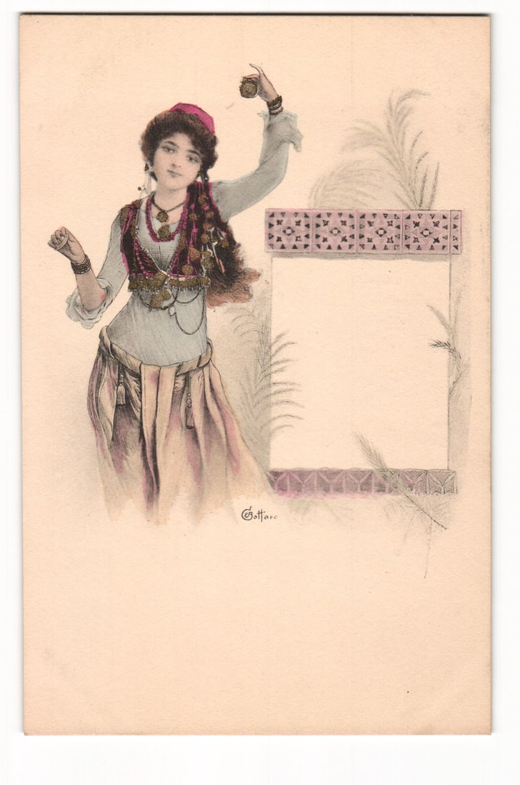 Woman in Ornate Attire, Finger Cymbals, by Gottarc, Theo. Stroefer Kunstverlag Postcard: An illustrated postcard depicting a woman from the waist up, angled slightly to her right, looking towards the viewer. She has dark, braided hair adorned with a red headdress. She wears a decorated da