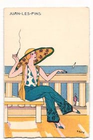 Art Deco Illustration of Woman Smoking at Beach, Juan-les-Pins, French Riviera, c. 1920s Postcard