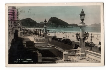 Postcard of Rio de Janeiro's Praia Copacabana: Beach Scene with Vintage Cars and Buildings