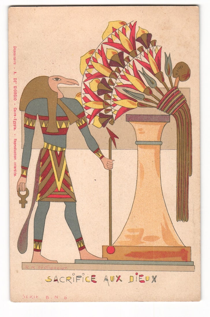 Postcard: Egyptian Deity, 'Sacrifice Aux Dieux', A. De Giorgio, Caire-Egypte, Serie B-N.6 (1 of 2)