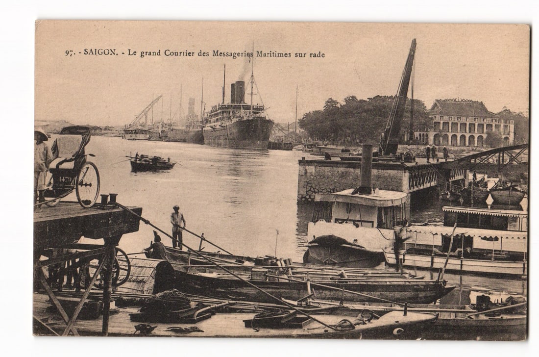 Saigon: Le grand Courrier des Messageries Maritimes sur rade, Port Scene Postcard, No. 97 (1 of 2)