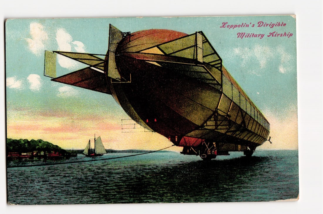 Color Illustration of Zeppelin's Dirigible Military Airship Over Water with Sailboat, Early (1 of 2)