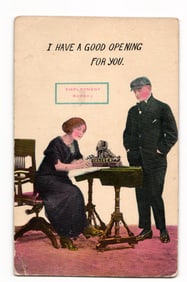 Employment Bureau Comic Postcard: Woman at Oliver Typewriter & Man, "Good Opening For You"