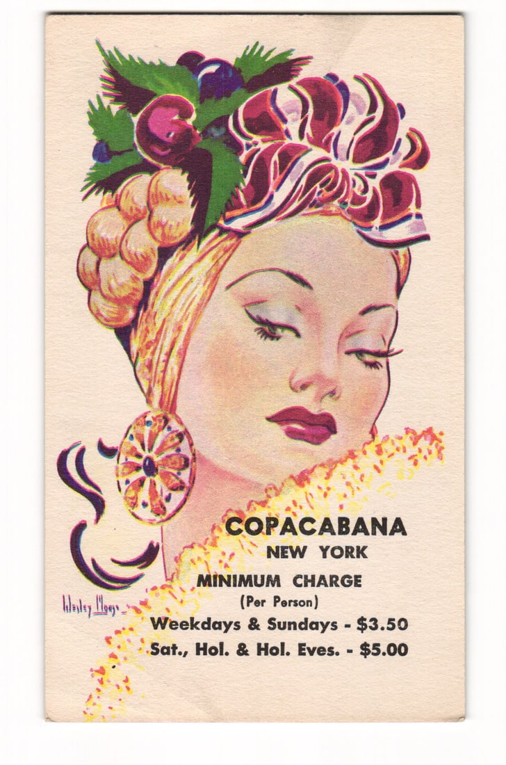 Copacabana New York Illustrated Woman, Headdress, Minimum Charge Details Postcard by Wesley Morse: The postcard features a color illustration of a woman's head and shoulders. Her face is turned slightly to her right, with her eyes closed. She wears a vibrant headdress composed of stylized fruits (g