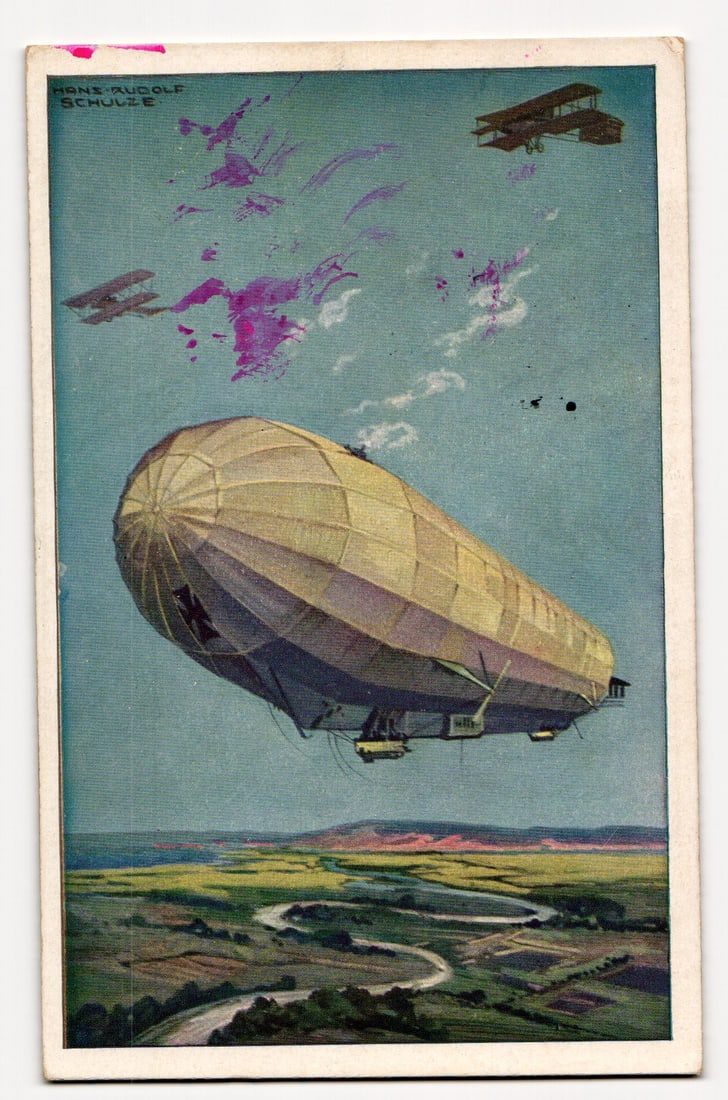 WWI Era German Airship "Zank" & Biplanes, Artwork by Prof. Hans Rudolf Schulze, Berlin (1 of 2)