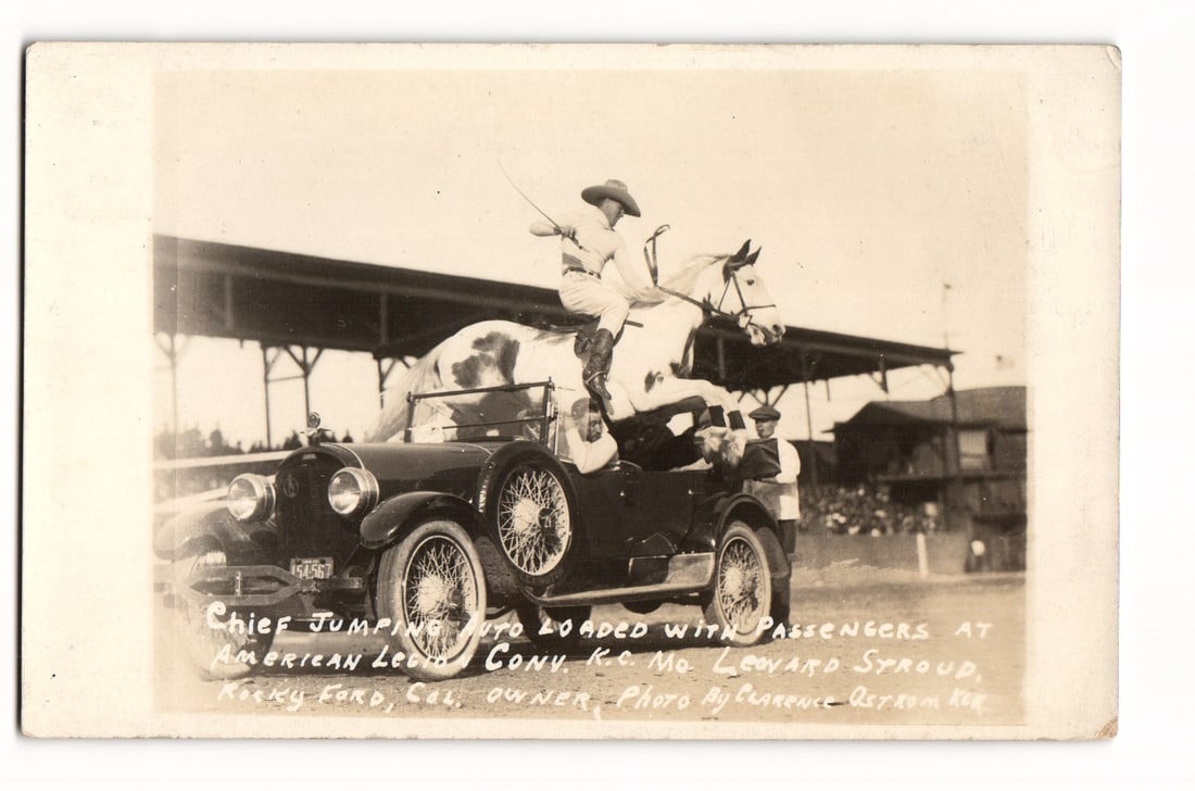 RPPC Postcard: Chief Jumping Horse Over Car, American Legion Conv. K.C. MO, Leonard Stroud Owner (1 of 2)
