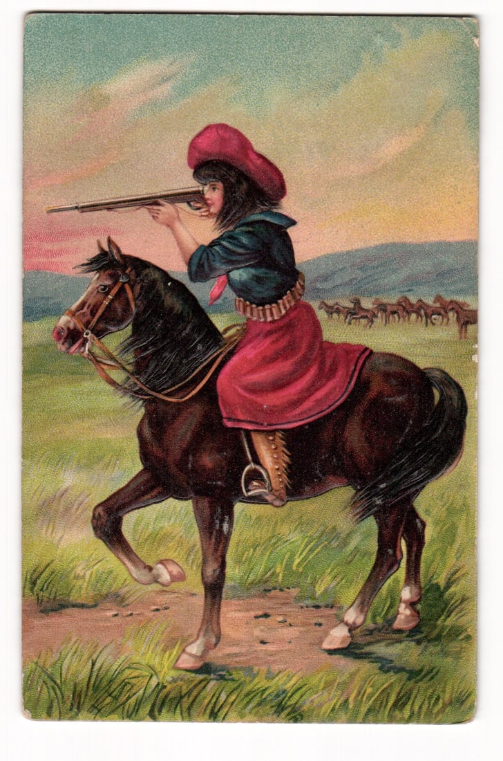 Color Illustrated Embossed Postcard: Woman on Horseback Aiming Rifle; Western Scene, Postmarked 1909: A color illustration depicts a woman on a dark brown horse, facing left. The woman, with dark hair, wears a red wide-brimmed hat, a dark blue collared shirt, a red skirt, and tan chaps or high boots w