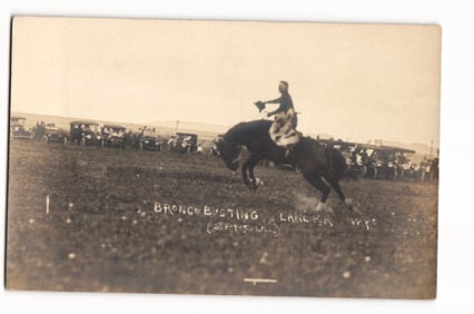 RPPC of Bronco Busting (Sproul) Lander, Wyo. Cowboy on Bucking Horse, Spectators, Vintage Cars