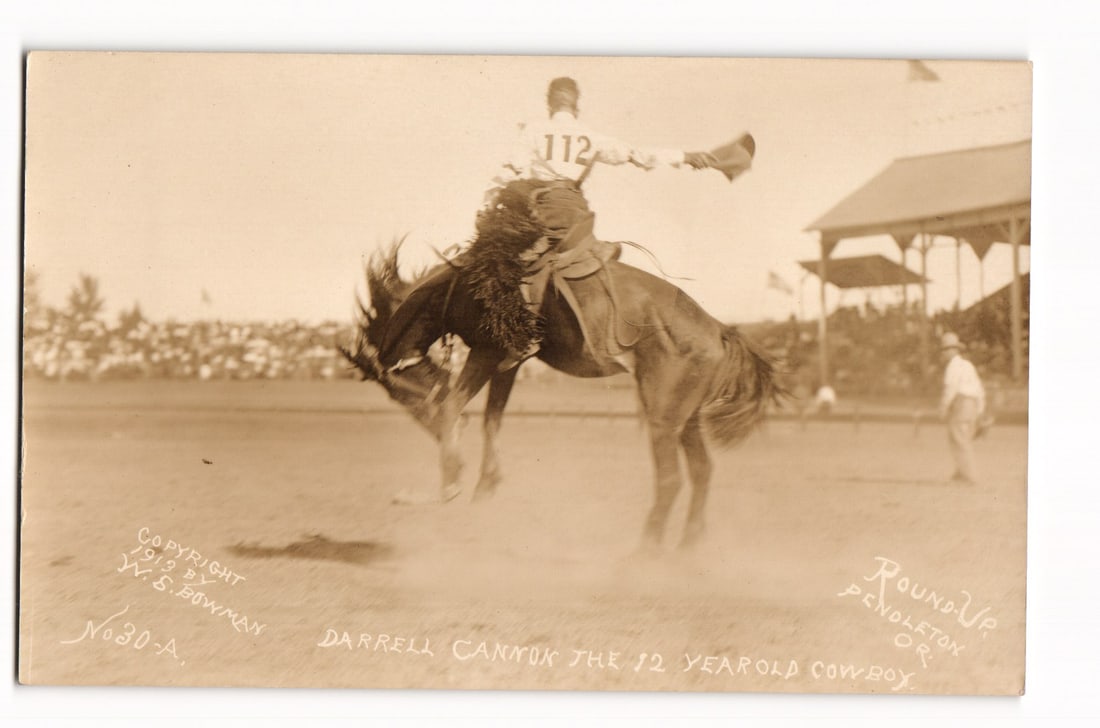 Darrell Canyon, The 12 Year Old Cowboy at Pendleton Round-Up, 1912, W.S. Bowman Photo Postcard. (1 of 2)