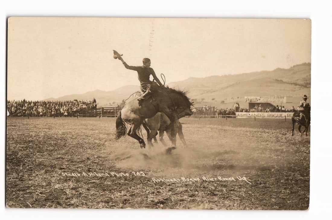 RPPC Rodeo Cowboy Bucking Bronco, Ashlands Rogue River Round Up, Studio Ashland Photo 769 postcard (1 of 2)