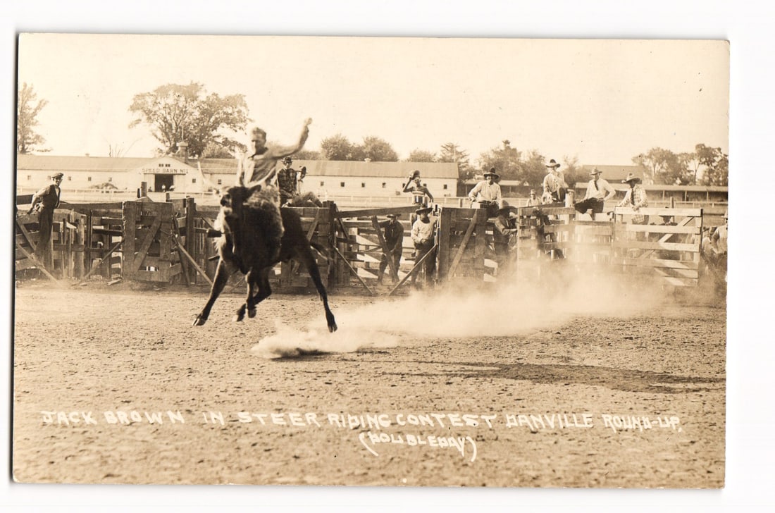 Postcard: Jack Brown, Steer Riding Contest, Arnville Round-Up (Hollenberg), Rodeo Action RPPC (1 of 2)