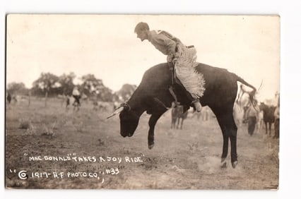 "Mac Donald Takes a Joy Ride" Cowboy Bull Riding Real Photo Postcard, Miles City, Mont. 1917