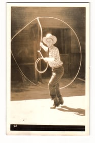 Young Cowboy with Twirling Lasso, Western Attire, Sepia Real Photo Postcard, EKC Stamp Box