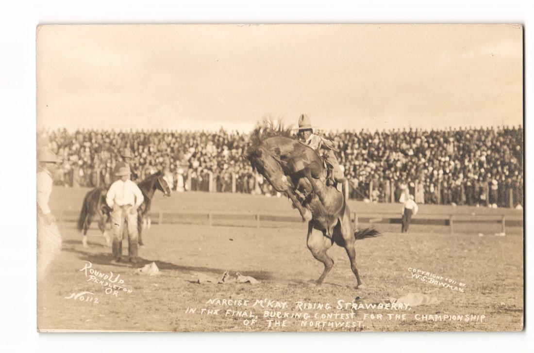 Narcise McKay Riding Strawberry at Round-Up Pendleton, OR, Bucking Contest RPPC Postcard, 1911 (1 of 2)