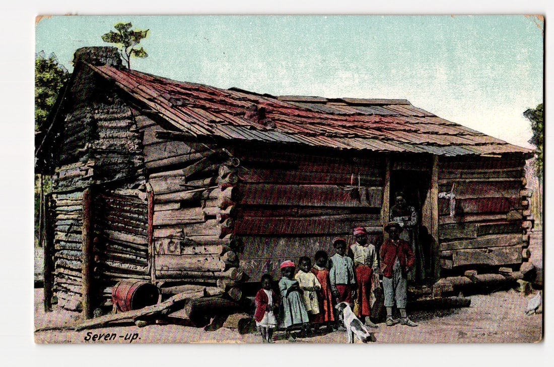 Seven-up: Seven Children, Adult, and Dog before Log Cabin, Colorized Photographic Print, c.1910 (1 of 2)