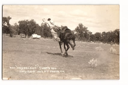 "Skyrocket" Bucking Bronco Rodeo Action, Miles City, Montana 1912, R-F Photo Co. Postcard