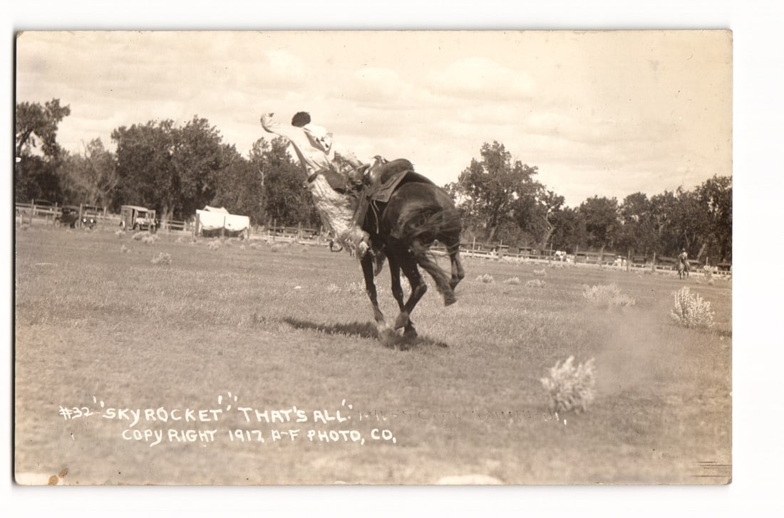 "Skyrocket" Bucking Bronco Rodeo Action, Miles City, Montana 1912, R-F Photo Co. Postcard (1 of 2)