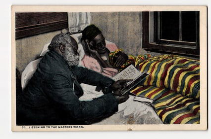 Elderly Black Couple in Bed, Man Reading "HYMNS", "LISTENING TO THE MASTERS WORD." Postcard No. 31