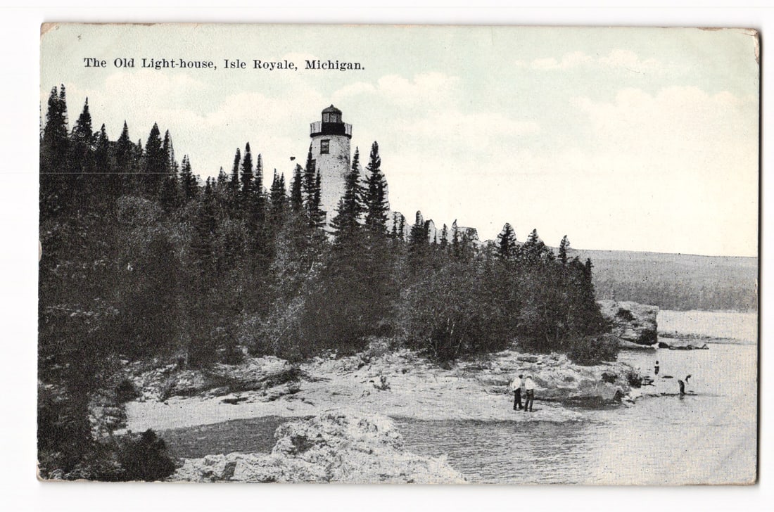 Vintage Postcard: The Old Light-house, Isle Royale, Michigan, Lakeside Scene with Figures (1 of 2)