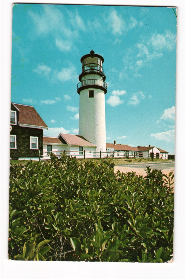 Color photograph postcard of Highland Light, its tower and buildings, North Truro, Cape Cod, Mass. (1 of 2)
