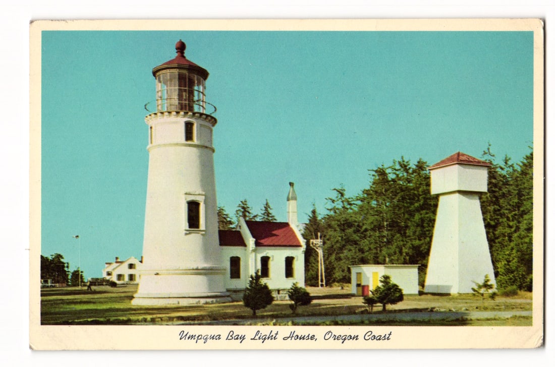 Umpqua Bay Light House, Oregon Coast. Color postcard view of lighthouse and associated buildings. (1 of 2)
