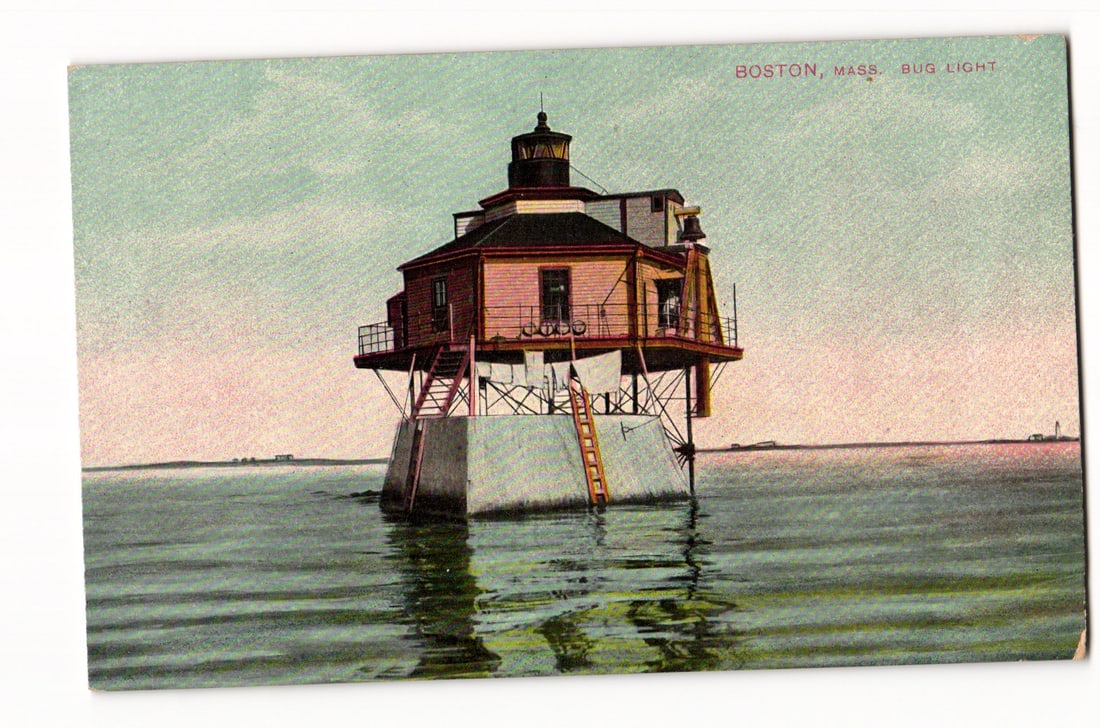 Boston, Mass. Bug Light, Octagonal Lighthouse on Water Platform, Early Colorized Postcard (1 of 2)