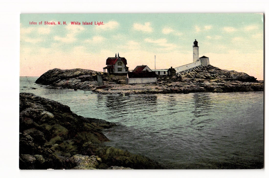Isles of Shoals, N. H. White Island Light, Historic Lighthouse and Buildings, Seascape Postcard: A colorized image depicts the White Island Light situated on a rocky island within the Isles of Shoals, N. H. The scene features a white lighthouse tower with a black lantern room on the right side of