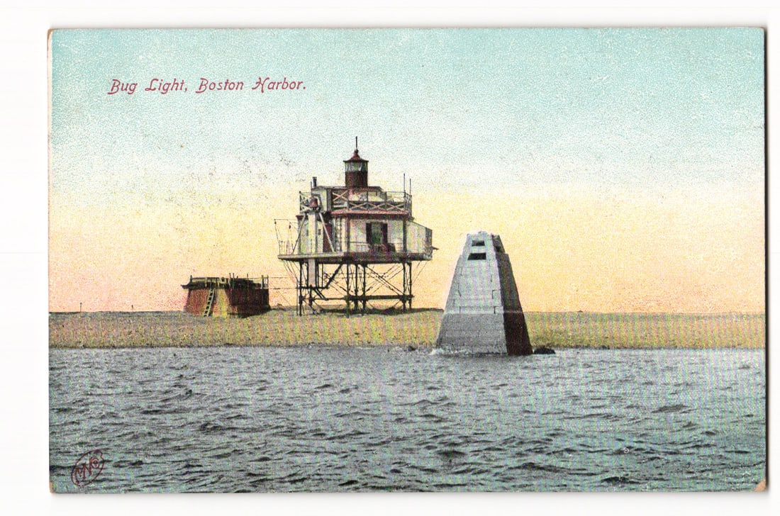 Bug Light, Boston Harbor. Lighthouse Structure, Early 20th Century Color Lithograph Postcard (1 of 2)