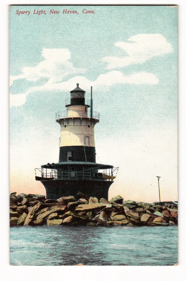 Color Postcard of Sperry Light Lighthouse on Rocky Base, New Haven, Connecticut, circa 1900s.: A color image depicts the Sperry Light lighthouse in New Haven, Connecticut. The lighthouse is rendered with a white upper section, a black middle band, and a black lantern room, resting upon a broad