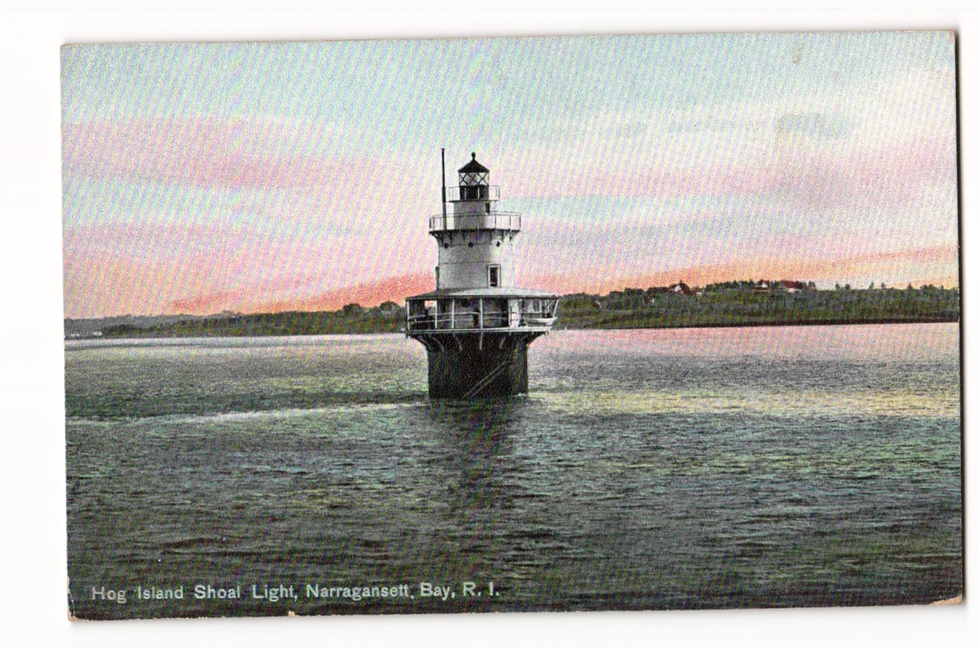 Postcard: Hog Island Shoal Light in Narragansett Bay, Rhode Island. Early Water View Scene. (1 of 2)