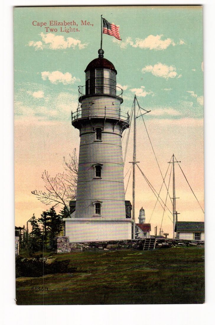 Colorized postcard of Cape Elizabeth, Maine, featuring the Two Lights Lighthouse with US Flag. (1 of 2)