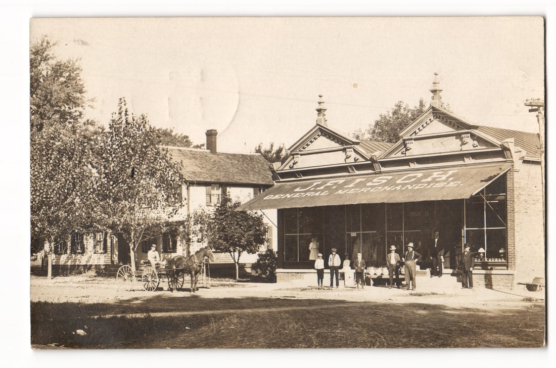 Postcard: J. Irtsch General Merchandise Store Exterior with People & Carriage, Metamora, IL 1909 (1 of 2)