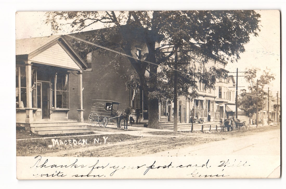 RPPC Street Scene, Horse-Drawn Real Estate Insurance Wagon, Macedon, N.Y. 1906 Postcard (1 of 2)