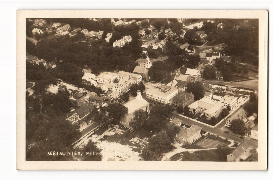 Aerial View Peterborough, N.H. Sepia RPPC Postcard, Town Buildings & Trees, 1932 Postmark (1 of 2)