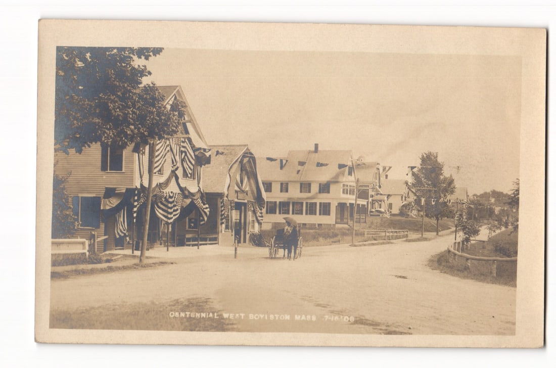 Centennial Celebration, West Boylston, Mass., Decorated Street View, July 16, 1906, RPPC postcard. (1 of 2)