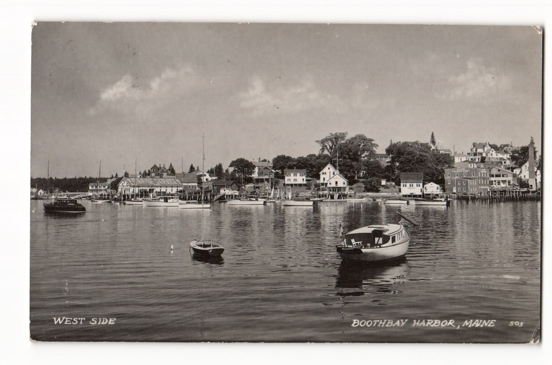 West Side, Boothbay Harbor, Maine, Waterfront View with Boats, c. 1951 Real Photo Postcard (1 of 2)