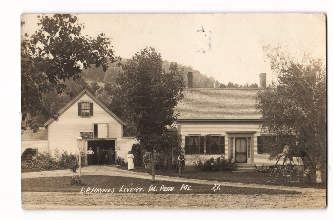 E.P. Haynes Livery, W. Peru, ME. No. 33. Real Photo Postcard. Exterior View with Figures. (1 of 2)