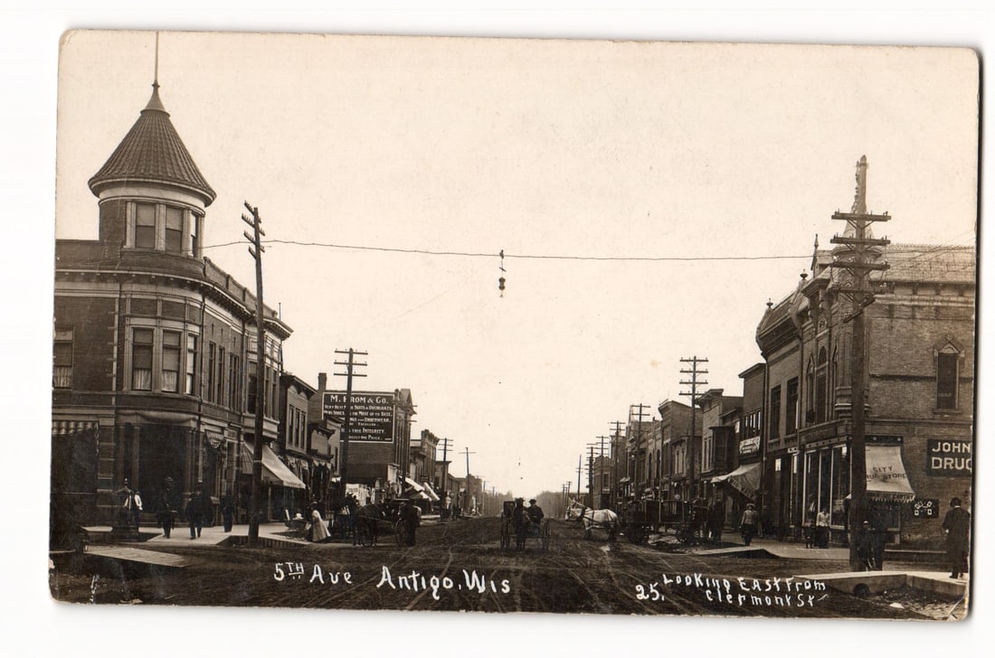 Antigo, Wisconsin, 5th Ave Looking East from Clermont St., Early 20th C. Street Scene RPPC Postcard (1 of 2)
