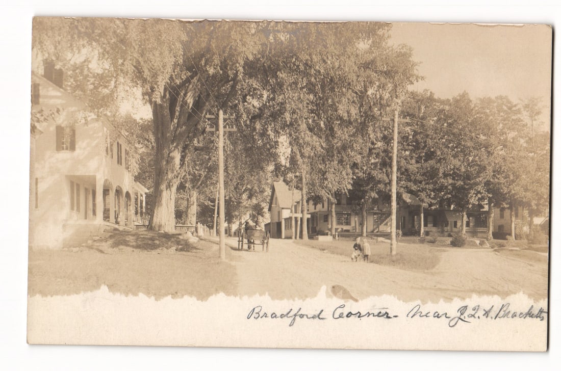 RPPC Postcard of Bradford Coerner near J.A. Bracket, Tree-Lined Street, Horse & Carriage: A sepia-toned photographic image depicts a wide, unpaved road in a village or town setting. The road recedes into the distance, lined on both sides by numerous large, leafy trees and utility poles sup